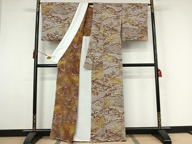 平和屋着物▽上質な小紋 単衣 型染め 風景花文 鬼しぼ縮緬 正絹 逸品 AABM3488jh