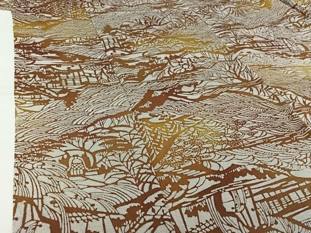 平和屋着物▽上質な小紋 単衣 型染め 風景花文 鬼しぼ縮緬 正絹 逸品 AABM3488jh