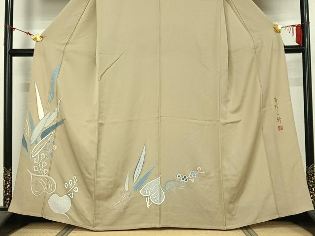 平和屋着物▽染色作家 草野一騎 訪問着 単衣 草花文 銀彩 正絹 逸品 AABM3594jh