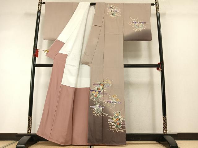 平和屋着物●訪問着 松竹 草花文 暈し染め 金彩 鬼しぼ縮緬 正絹 逸品 AABM3681fy