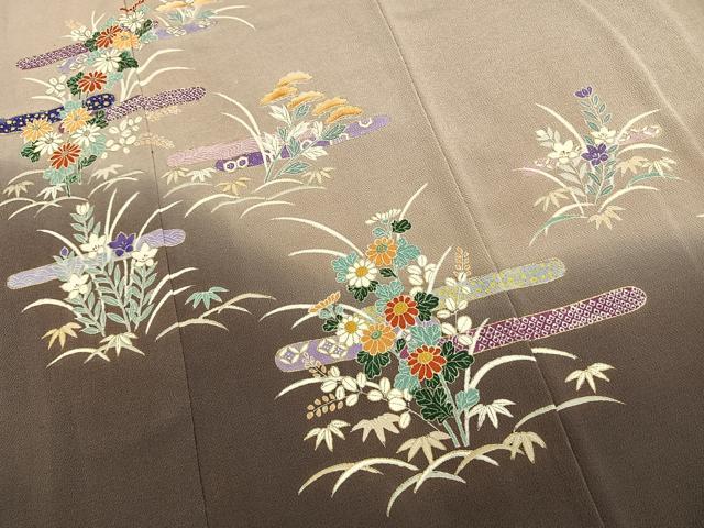平和屋着物●訪問着 松竹 草花文 暈し染め 金彩 鬼しぼ縮緬 正絹 逸品 AABM3681fy