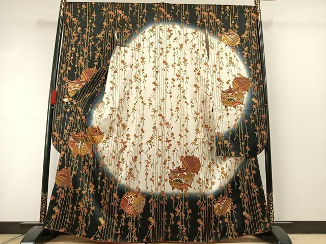 平和屋着物●豪華振袖 駒刺繍 糸巻花蝶文 暈し染め 金彩 正絹 逸品 AABM3685fy