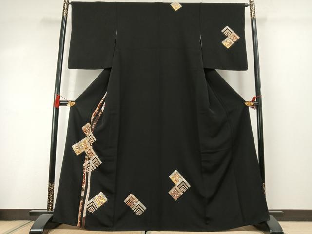平和屋着物●訪問着 駒刺繍 宝尽くし花文 黒地 金彩 三越扱い 正絹 逸品 AABM3697fy