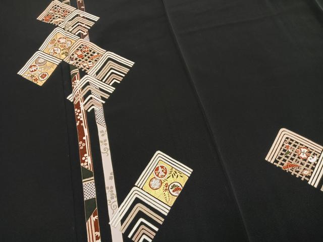 平和屋着物●訪問着 駒刺繍 宝尽くし花文 黒地 金彩 三越扱い 正絹 逸品 AABM3697fy