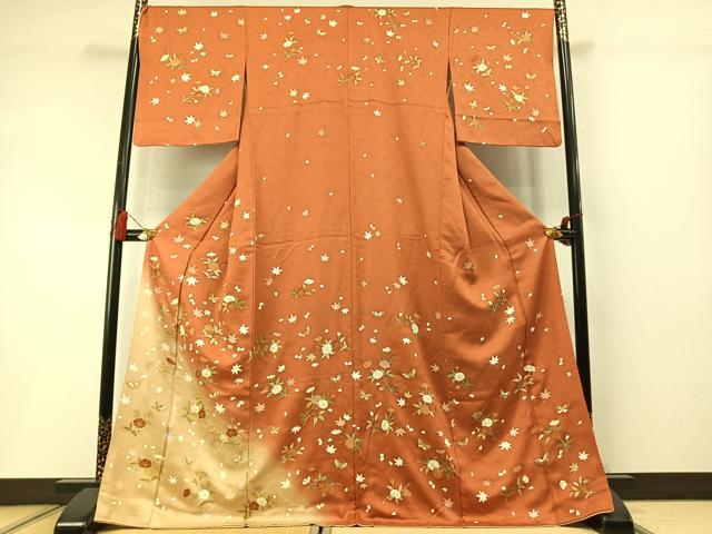 平和屋着物●訪問着 駒刺繍 花蝶文 暈し染め 金彩 正絹 逸品 未使用 AABM3714fy