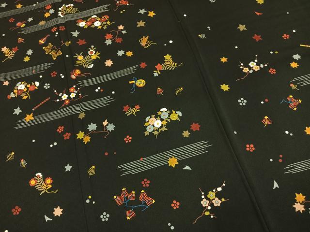 平和屋着物●訪問着 草花文 黒地 正絹 逸品 AABM3722fy