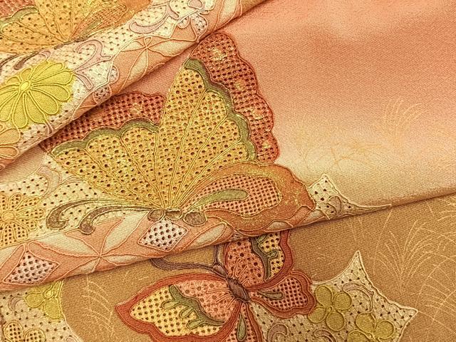 平和屋着物●中国三大刺繍 スワトウ刺繍 汕頭刺繍 総刺繍 訪問着 花蝶文 暈し染め 金糸 金彩 正絹 逸品 AABM3724fy