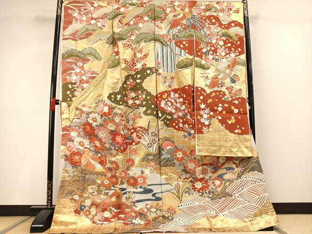 平和屋着物●豪華振袖 駒刺繍 花鳥文 金彩 仮絵羽 正絹 逸品 未使用 AABM3783fy