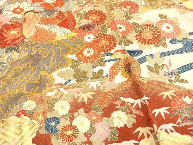 平和屋着物●豪華振袖 駒刺繍 花鳥文 金彩 仮絵羽 正絹 逸品 未使用 AABM3783fy