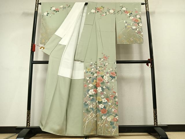 平和屋着物●訪問着 草花文 暈し染め 金彩 正絹 逸品 未使用 AABM3788fy