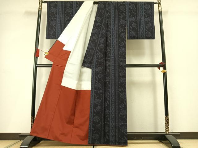 平和屋着物●結城紬 80亀甲 花唐草間道 正絹 逸品 AABM3796fy