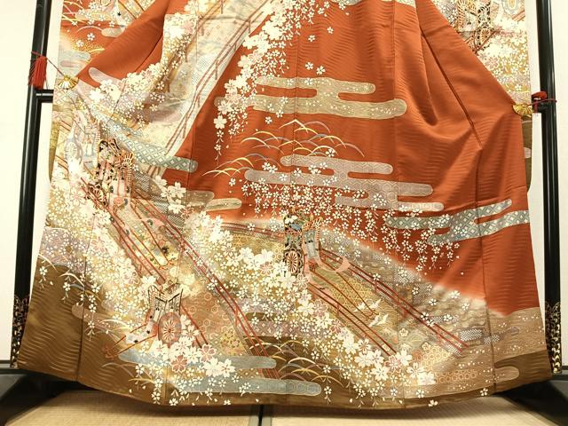 平和屋着物●豪華振袖 駒刺繍 御所車花文 暈し染め 金彩 正絹 逸品 AABM3805fy