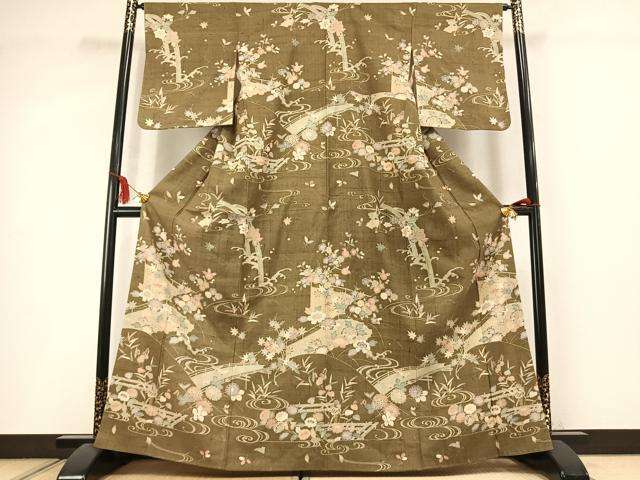 平和屋着物●染織の名門 しょうざん 生紬 訪問着 草花文 正絹 逸品 AABM3807fy