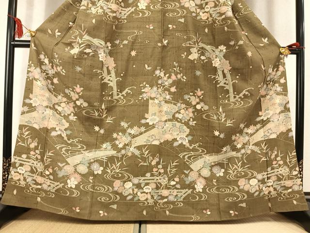 平和屋着物●染織の名門 しょうざん 生紬 訪問着 草花文 正絹 逸品 AABM3807fy