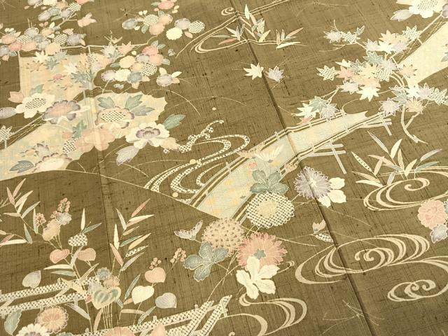 平和屋着物●染織の名門 しょうざん 生紬 訪問着 草花文 正絹 逸品 AABM3807fy