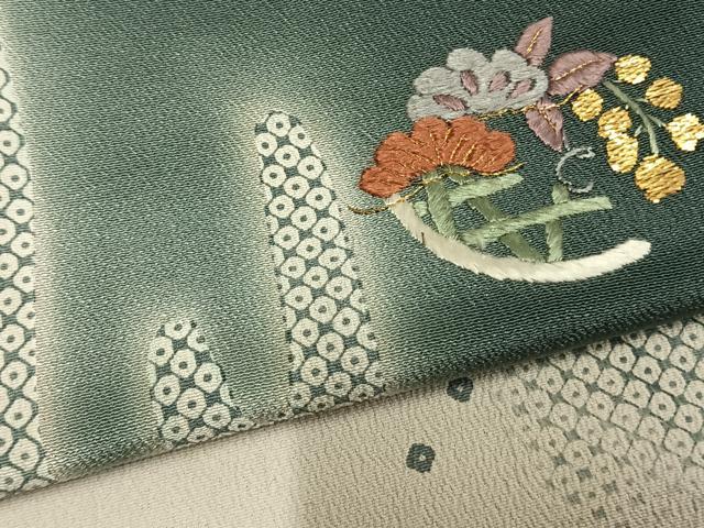 平和屋着物●訪問着 刺繍 草花文 暈し染め 金糸 正絹 逸品 AABM3815fy