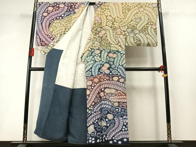 平和屋着物●希少 男性 訪問着 絞り 辻が花 暈し染め 金通し地 キングサイズ 正絹 逸品 AABM3824fy