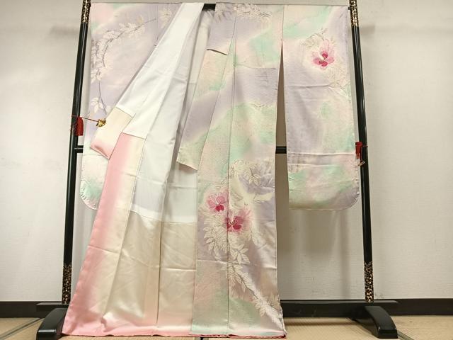 平和屋着物●豪華振袖 絞り 花鳥文 暈し染め 金銀彩 正絹 逸品 AABM3830fy