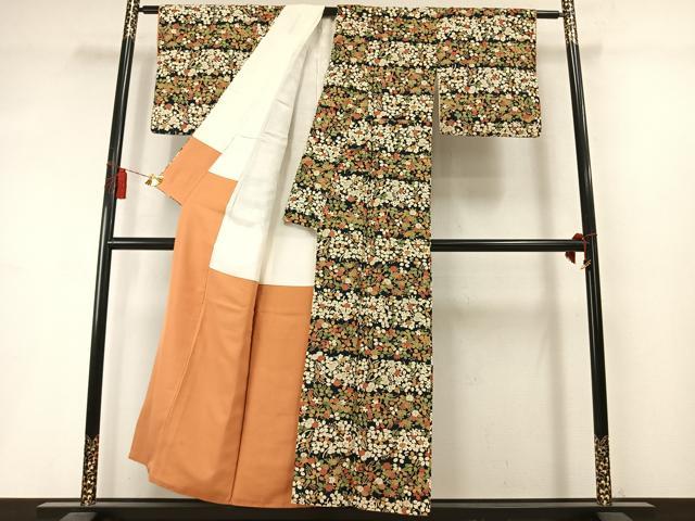 平和屋着物▼上質な小紋 草花文 金彩 鬼しぼ縮緬 正絹 逸品 AABM3837fy