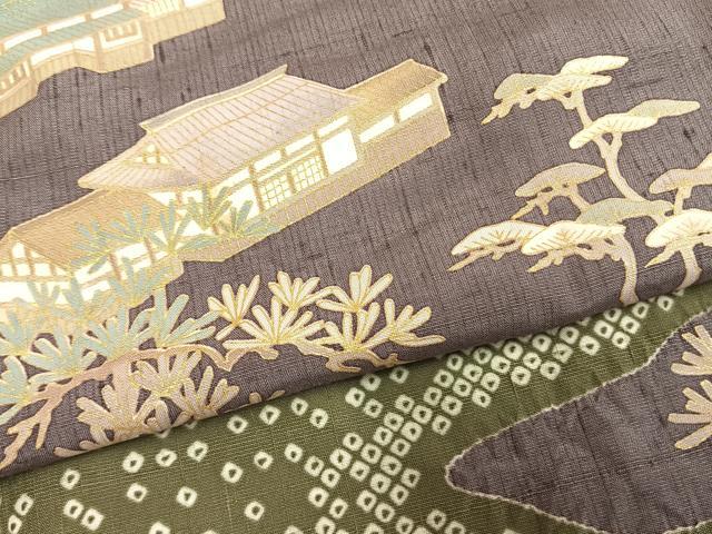 平和屋着物●訪問着 紬地 風景枝松文 金彩 やまと誂製 正絹 逸品 AABM3842fy
