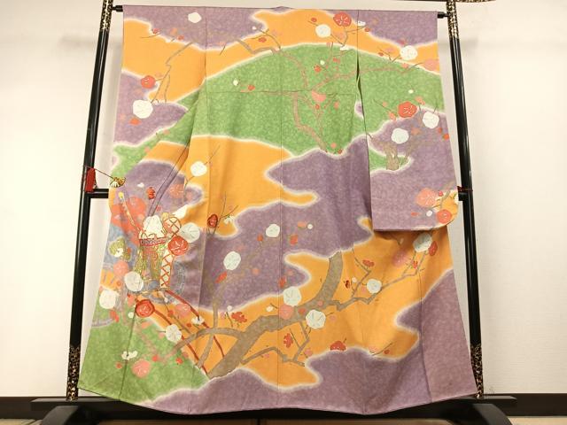 平和屋着物●豪華振袖 駒刺繍 枝梅松文 暈し染め 金彩 正絹 逸品 AABM3848fy