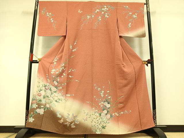 平和屋着物●訪問着 友禅 花蝶文 暈し染め 正絹 逸品 未使用 AABM3852fy
