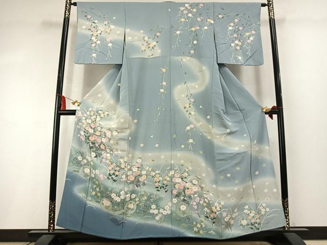 平和屋着物●十日町友禅作家 一梗 訪問着 草花文 暈し染め 正絹 逸品 AABM3858fy