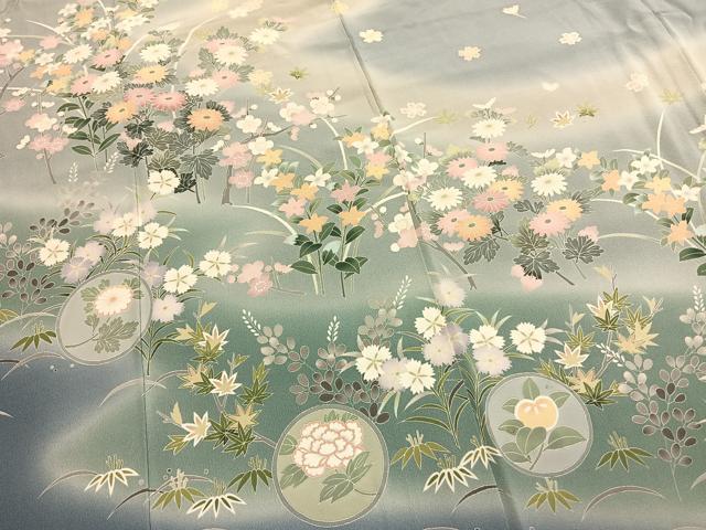 平和屋着物●十日町友禅作家 一梗 訪問着 草花文 暈し染め 正絹 逸品 AABM3858fy