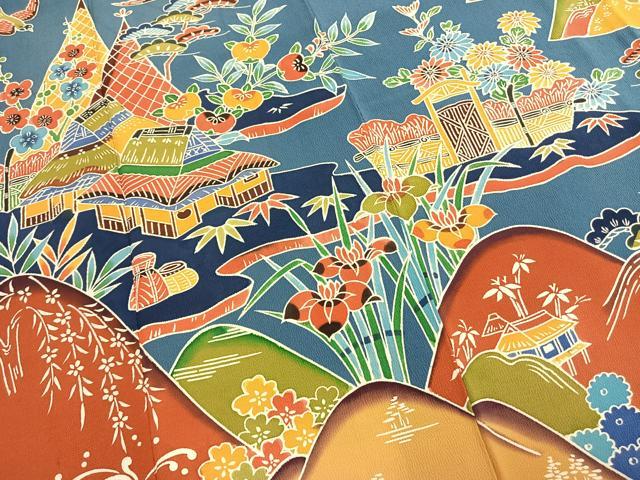 平和屋着物●豪華振袖 型染め 松竹梅 風景花鳥文 正絹 逸品 AABM3859fy