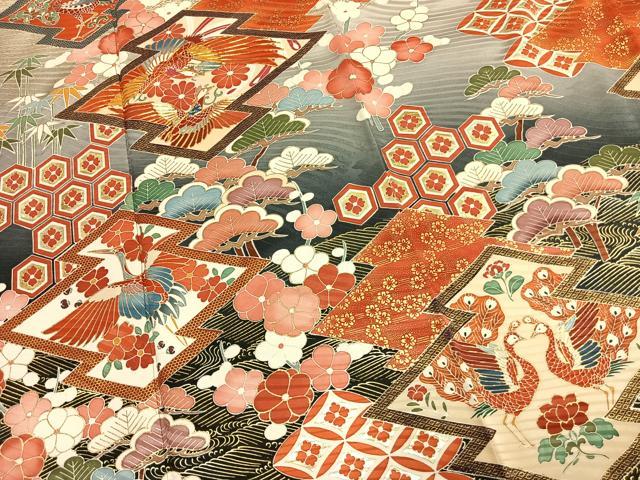 平和屋着物●豪華振袖 駒刺繍 松竹梅 孔雀花文 暈し染め 金彩 正絹 逸品 AABM3860fy