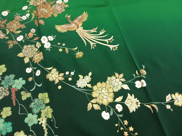 平和屋着物●英王室献上友禅作家 木下勝功 振袖 葡萄蔦の葉花鳥文 暈し染め 金銀彩 ラインストーン 正絹 逸品 AABM3889fy