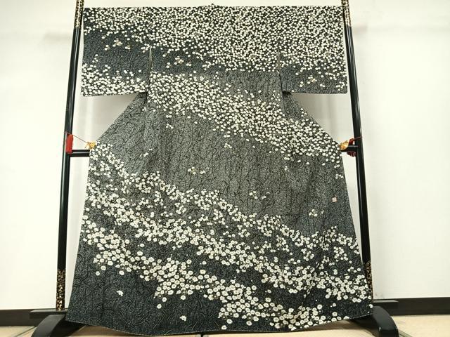 平和屋着物●訪問着 作家物 草花文 たたき染め 黒地 金彩 正絹 逸品 AABM3897fy
