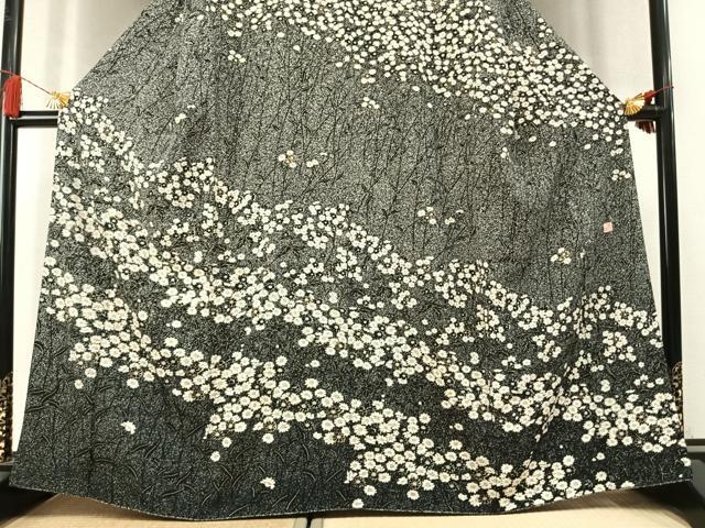 平和屋着物●訪問着 作家物 草花文 たたき染め 黒地 金彩 正絹 逸品 AABM3897fy