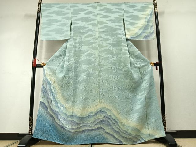 平和屋着物●訪問着 杢目絞り 遠山霞文 暈し染め 銀通し地 正絹 逸品 未使用 AABM3901fy