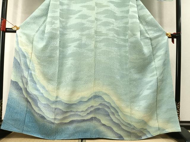 平和屋着物●訪問着 杢目絞り 遠山霞文 暈し染め 銀通し地 正絹 逸品 未使用 AABM3901fy