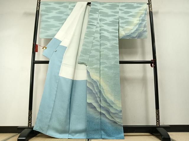平和屋着物●訪問着 杢目絞り 遠山霞文 暈し染め 銀通し地 正絹 逸品 未使用 AABM3901fy