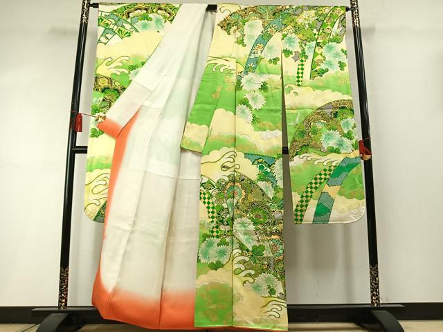平和屋着物●豪華振袖 駒刺繍 立波熨斗花文 暈し染め 金彩 正絹 逸品 AABM3913fy