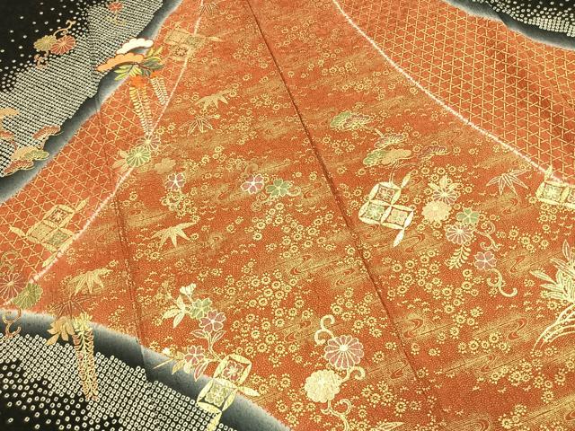 平和屋着物●訪問着 刺繍 松竹 花唐草文 暈し染め 黒地 金糸 金彩 正絹 逸品 AABM3918fy