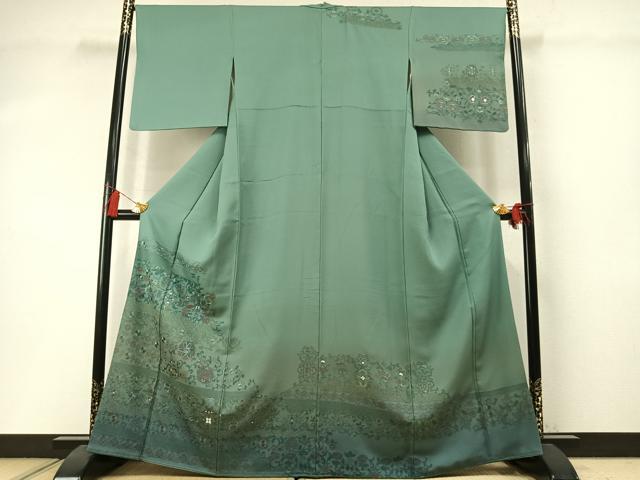平和屋着物●中国三大刺繍 スワトウ刺繍 汕頭刺繍 総刺繍 訪問着 花唐草文 暈し染め 金糸 正絹 逸品 AABM3929fy