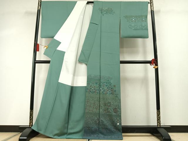 平和屋着物●中国三大刺繍 スワトウ刺繍 汕頭刺繍 総刺繍 訪問着 花唐草文 暈し染め 金糸 正絹 逸品 AABM3929fy
