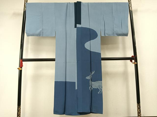 平和屋着物●男性 長襦袢 袷 絞り 風景文 鹿 キングサイズ 正絹 逸品 AABM3938fy