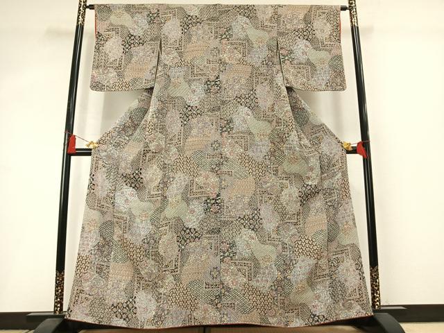 平和屋着物●上質な小紋 更紗花文 鬼しぼ縮緬 正絹 逸品 未使用 AABM3956fy
