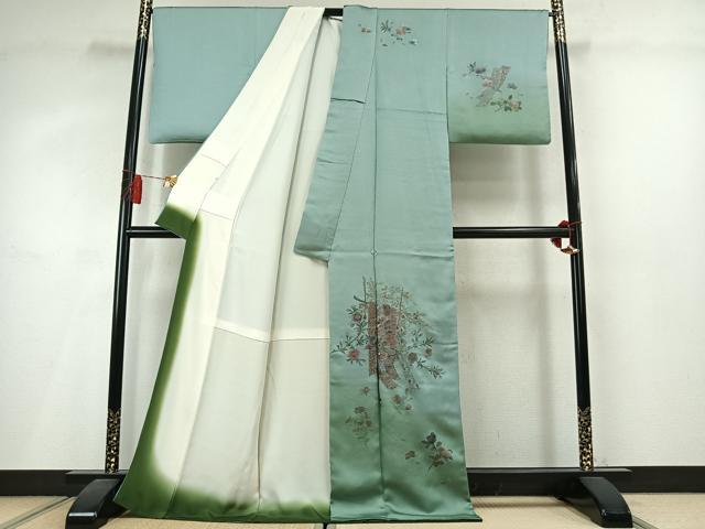 平和屋着物●訪問着 総刺繍 草花熨斗文 暈し染め ロング丈 正絹 逸品 AABM3959fy