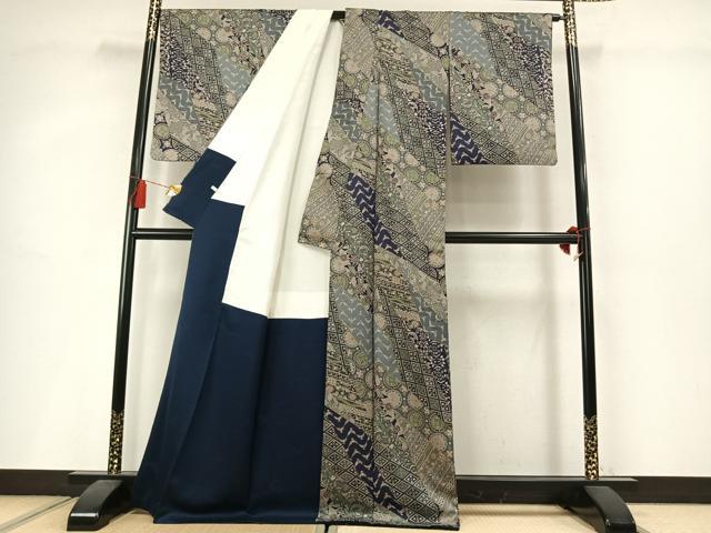 平和屋着物●染色作家 斉藤三才 小紋 切嵌花鳥文 金彩 正絹 逸品 AABM3960fy