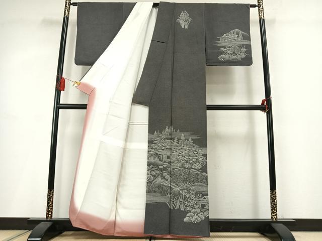 平和屋着物●江戸小紋 訪問着 風景花文 正絹 逸品 AABM3980fy