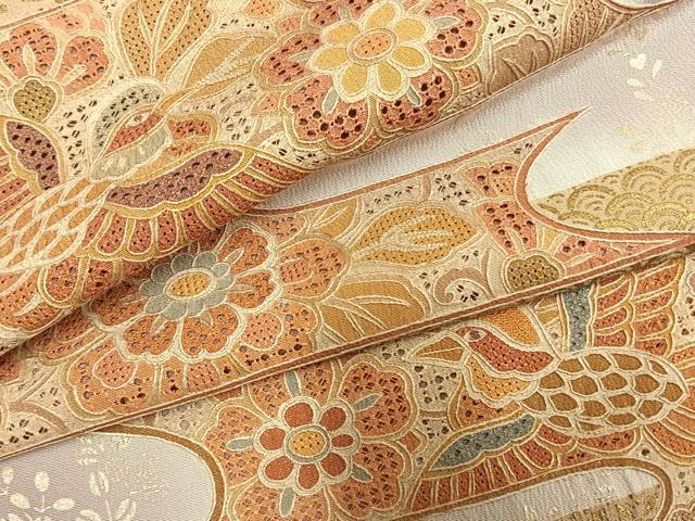 平和屋着物●中国三大刺繍 スワトウ刺繍 汕頭刺繍 相良刺繍 訪問着 花鳥文 暈し染め 金彩 正絹 逸品 未使用 AABM3985fy