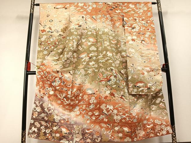 平和屋着物●豪華振袖 飛鶴扇面花文 暈し染め 金彩 正絹 逸品 AABM4008fy
