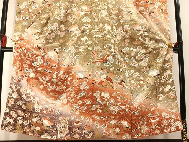 平和屋着物●豪華振袖 飛鶴扇面花文 暈し染め 金彩 正絹 逸品 AABM4008fy