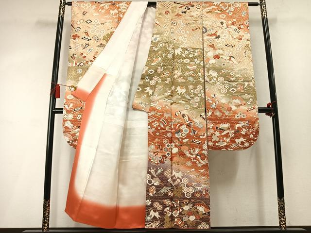 平和屋着物●豪華振袖 飛鶴扇面花文 暈し染め 金彩 正絹 逸品 AABM4008fy
