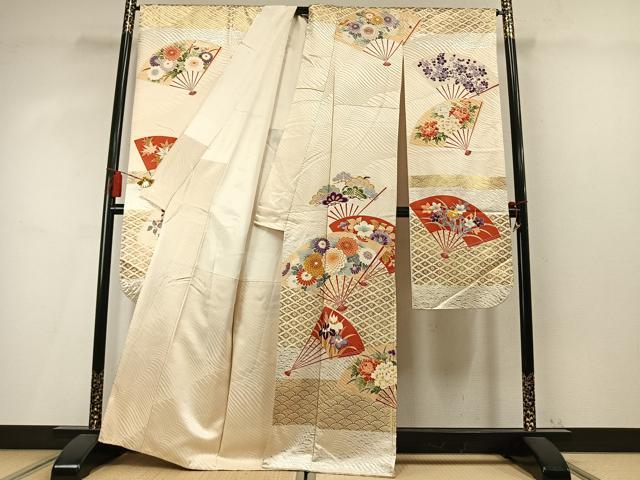 平和屋着物●豪華振袖 駒刺繍 扇面花文 金銀彩 正絹 逸品 AABM4014fy
